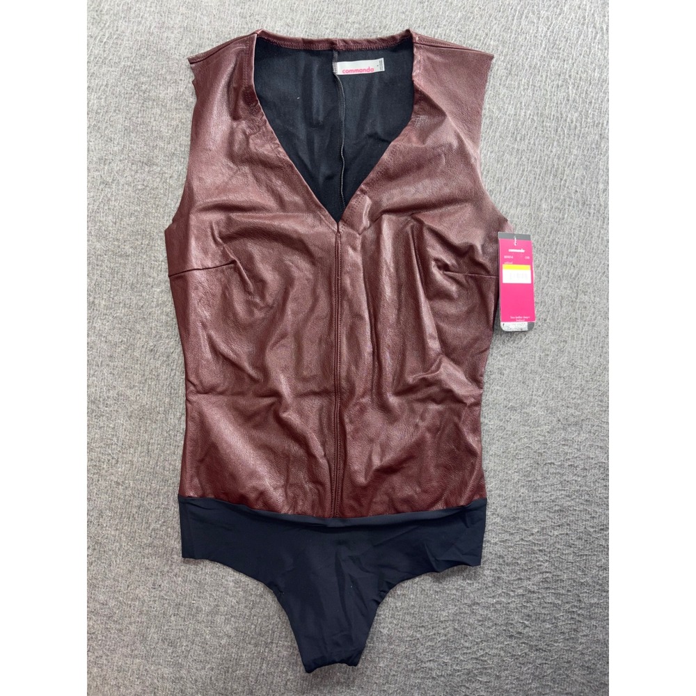 Commando Faux Leather Deep-V Bodysuit Oxblood Burgundy BDS014 Sleeveless Top NEW